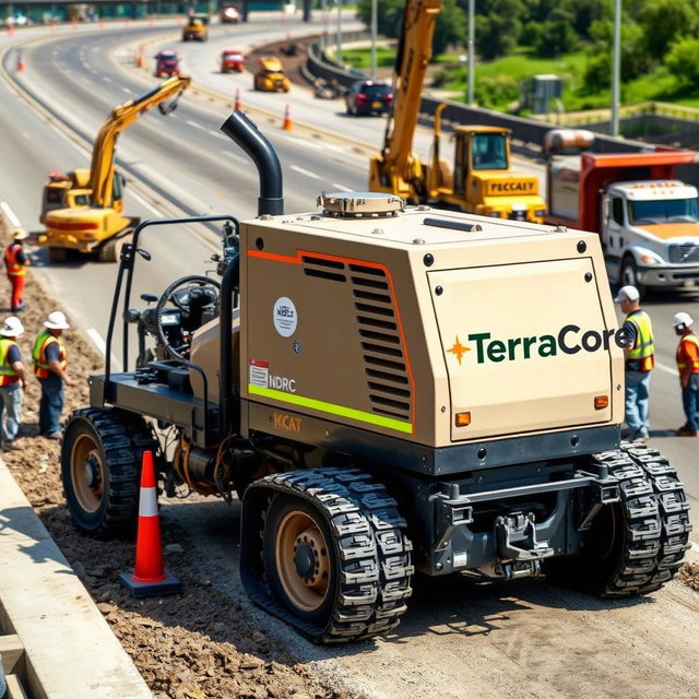 A detailed and realistic image of NDRC (Non-Destructive Road Crossing) equipment prominently labeled with the name 'TerraCore