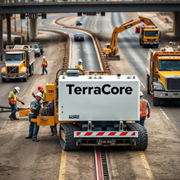 A detailed and realistic image of NDRC (Non-Destructive Road Crossing) equipment prominently labeled with the name 'TerraCore