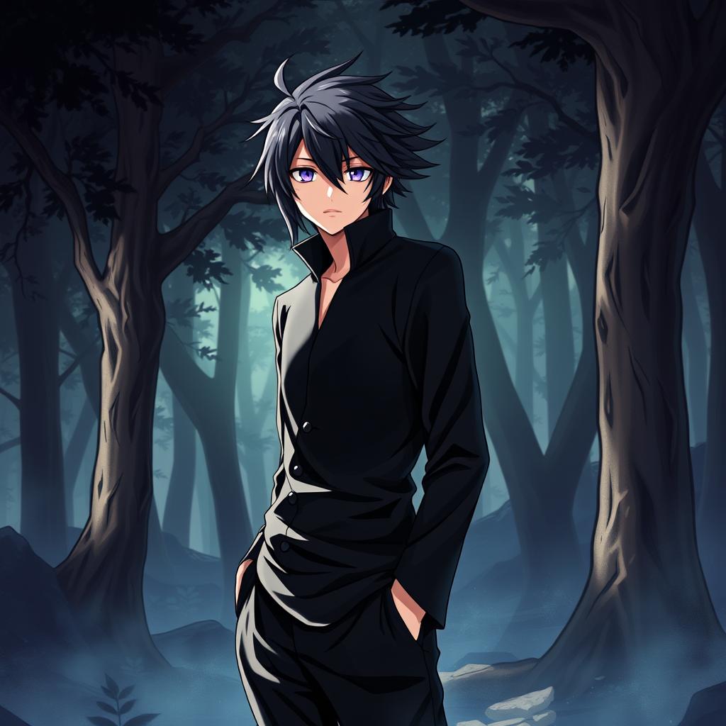 A captivating light novel cover featuring a male shinobi dressed in sleek black attire, standing in a dark, mysterious forest