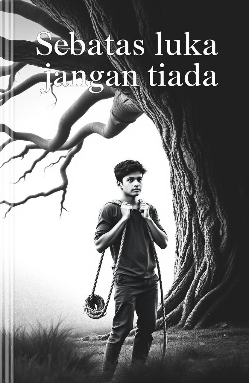 A black and white book cover design featuring a young man with a contemplative expression standing in front of a large, majestic tree