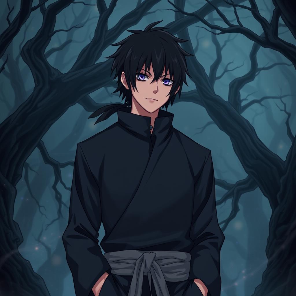 A male shinobi dressed in a sleek, black shinobi uniform stands in a dark, enchanted forest
