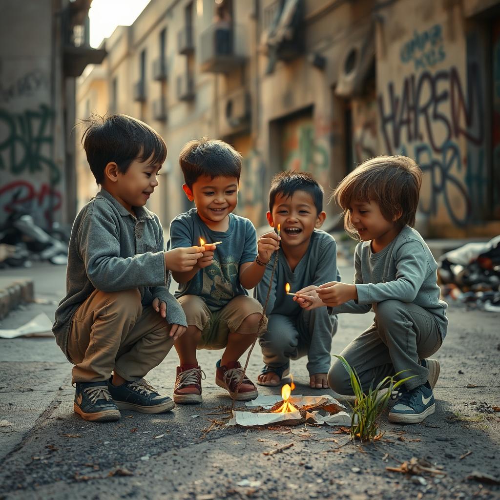 A poignant scene depicting children playing in a gritty urban environment, with a focus on their innocent joy and creativity
