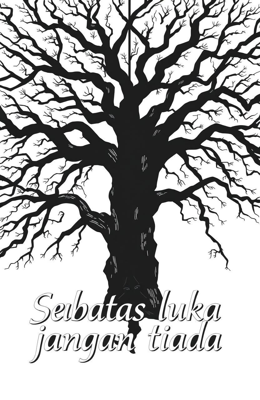 A striking black and white book cover design featuring a large, intricate tree dominating the background