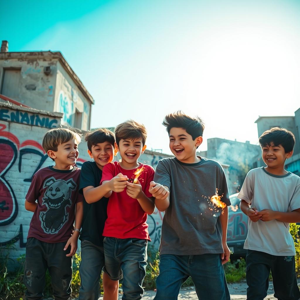 A group of young boys, dressed in casual streetwear, are playfully sparking small flames with firecrackers in a vibrant, gritty urban setting