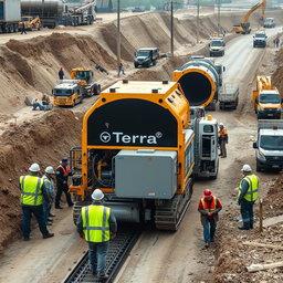 A highly detailed and realistic image of NDRC (Non-Destructive Road Crossing) Micro-Tunneling equipment prominently displaying the name 'TerraCore