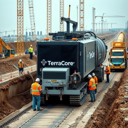 A highly detailed and realistic image of NDRC (Non-Destructive Road Crossing) Micro-Tunneling equipment prominently displaying the name 'TerraCore