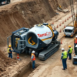 A highly detailed and realistic image of NDRC (Non-Destructive Road Crossing) Micro-Tunneling equipment prominently displaying the name 'TerraCore