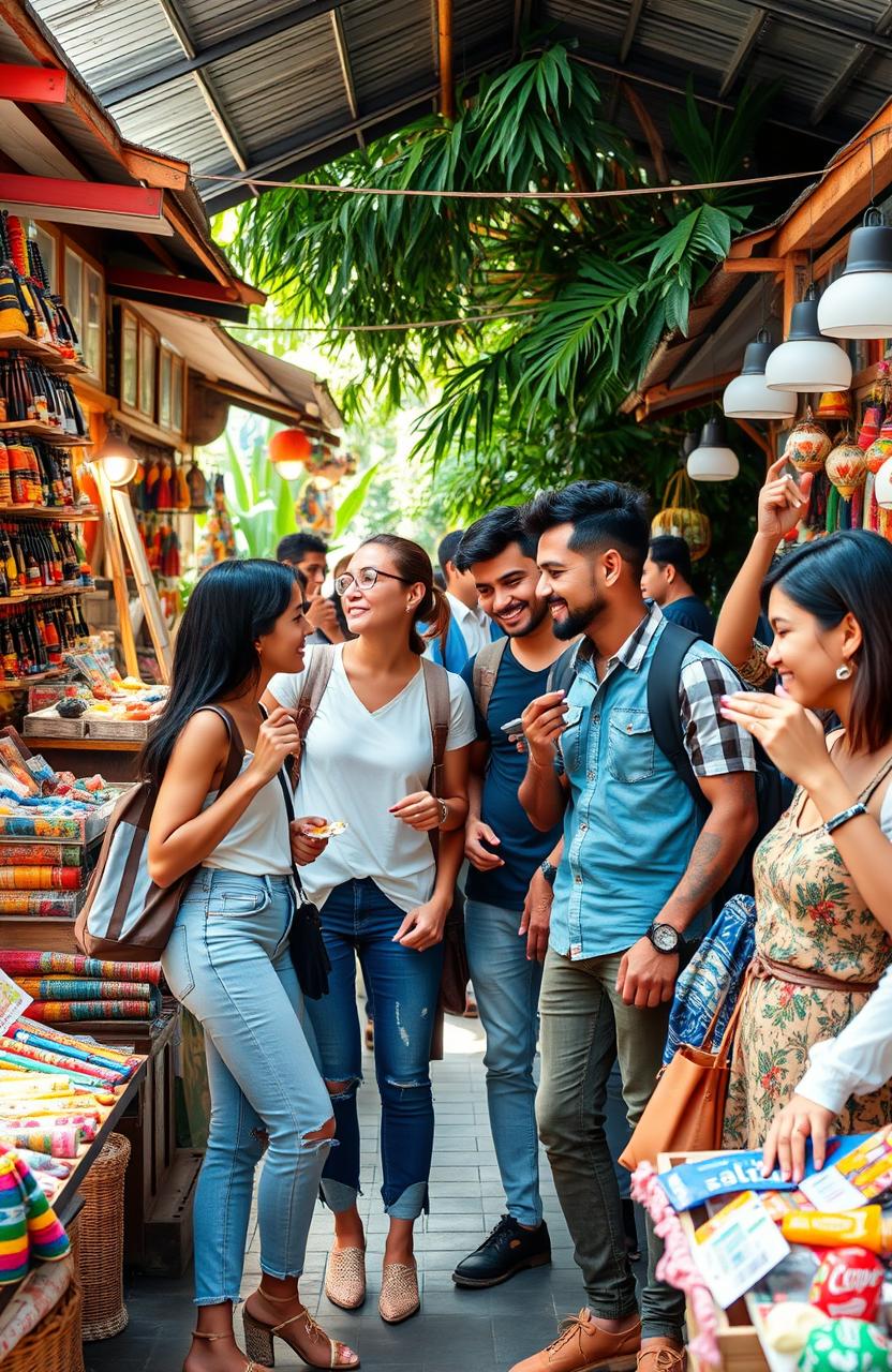 A dynamic and visually engaging scene featuring a group of diverse international travelers enjoying their adventures together