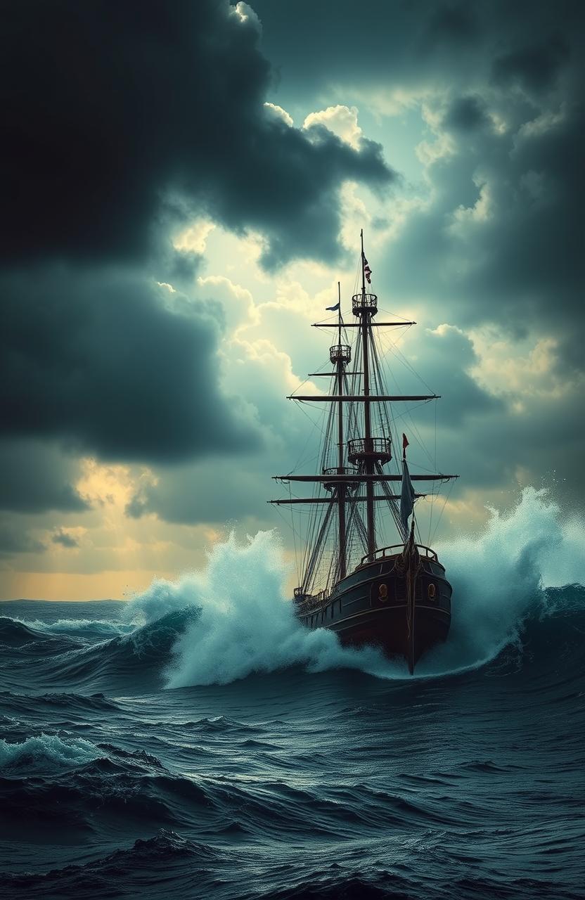 A dramatic scene featuring an ocean with high waves crashing against the sides of a large pirate ship