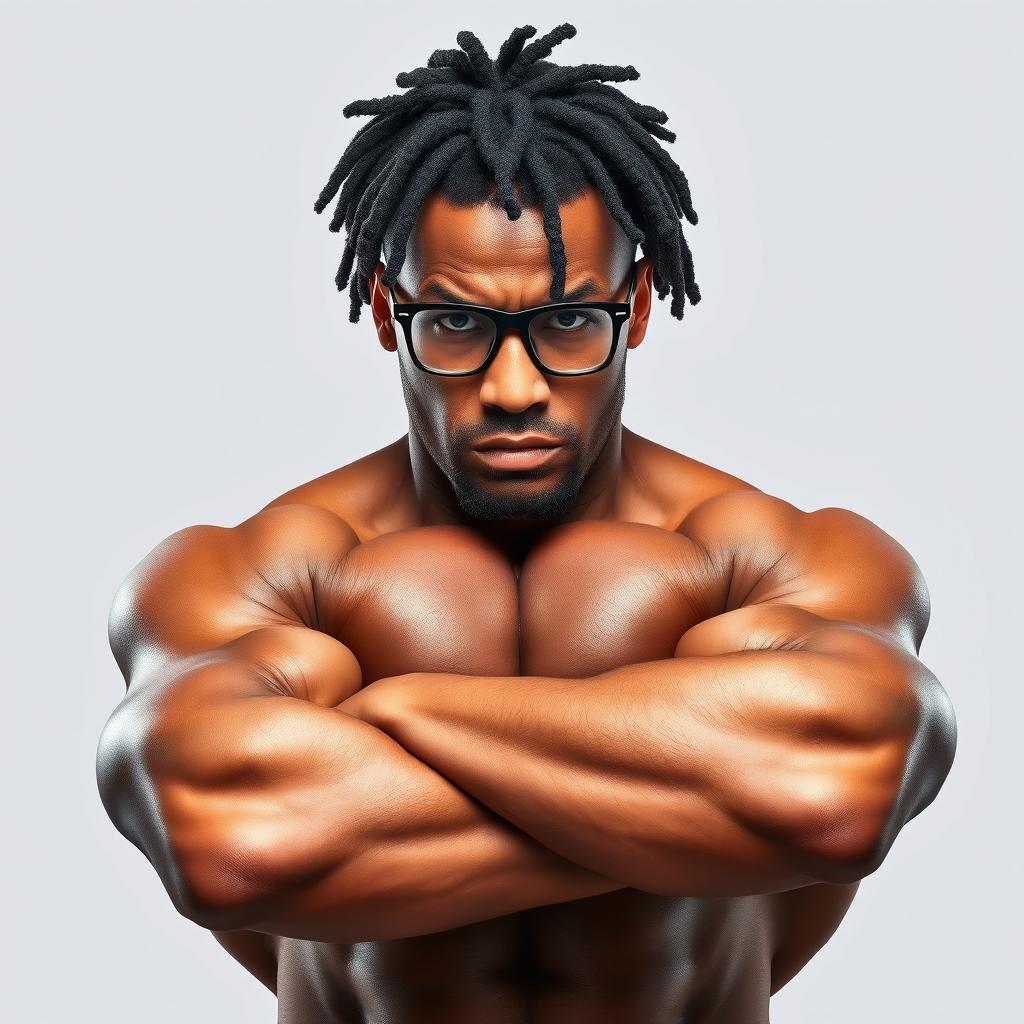 A strong muscular adult individual with locs hairstyle, wearing stylish glasses and displaying an angry facial expression