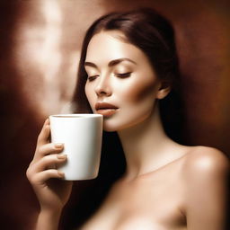 A tastefully done digital art image presents a young woman, nude but strategically covered by elements associated with coffee