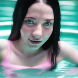 A full-body photograph of a 23-year-old woman with green eyes and long black hair, freckles dotting her skin