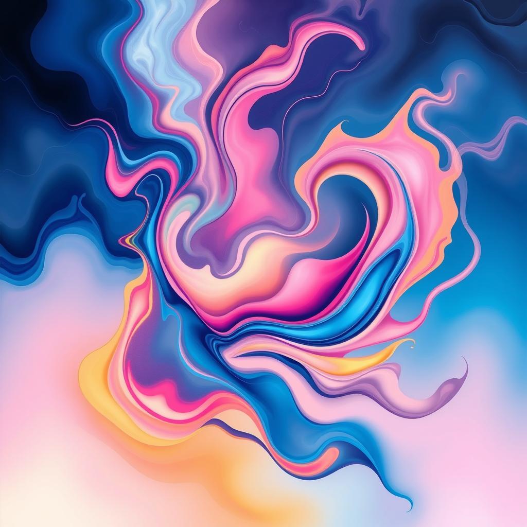 Please create a vibrant abstract artwork that features a rich blend of colors such as blues, pinks, and yellows, showcasing swirling patterns and dynamic shapes that evoke a sense of movement and energy