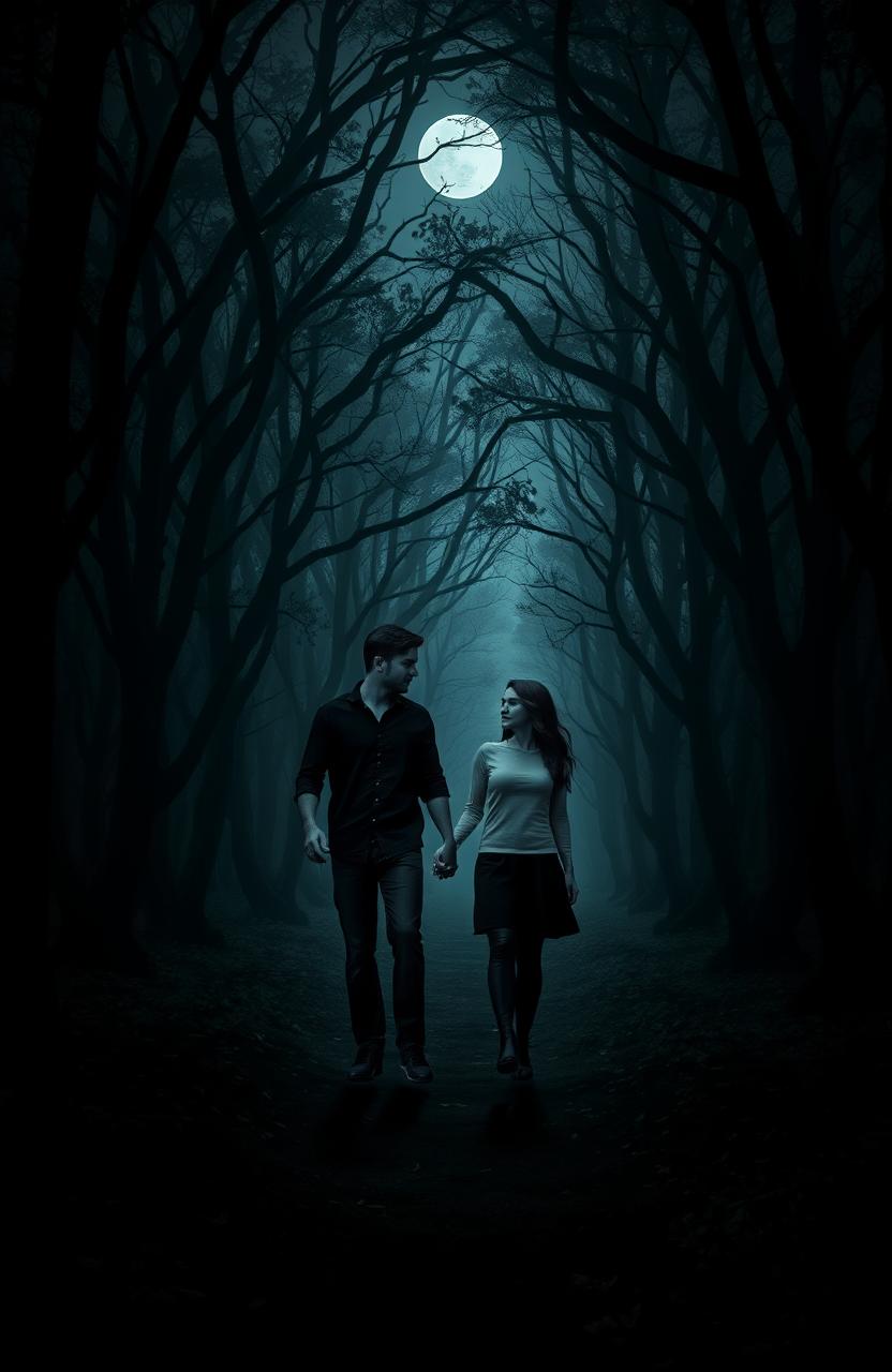A mysterious and enchanting dark forest scene titled 'The Path Unseen', featuring a couple walking hand in hand along a narrow, winding path