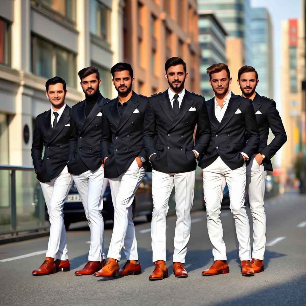 A group of stylish men dressed in a fashionable black double-breasted suit paired with crisp white pants