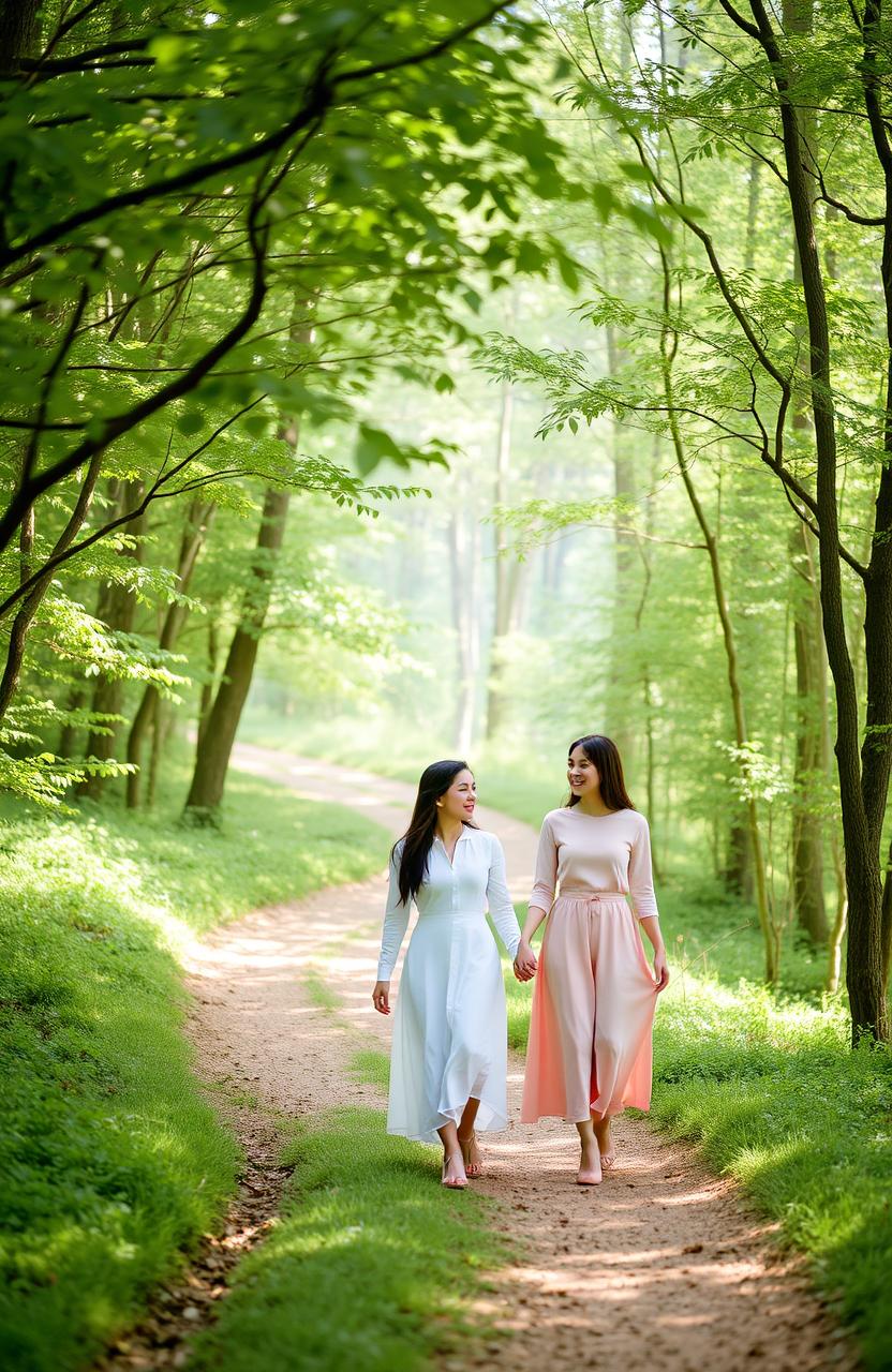 A serene forest scene featuring an unseen path winding through lush greenery, with a couple walking hand in hand