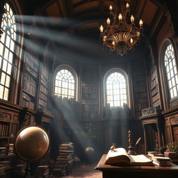 A dramatic and scholarly depiction of a grand library filled with ancient books and intricate wooden shelves