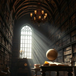 A dramatic and scholarly depiction of a grand library filled with ancient books and intricate wooden shelves