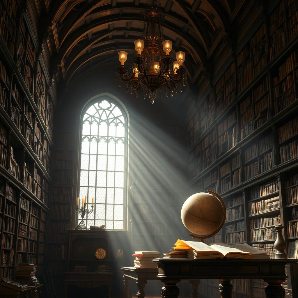 A dramatic and scholarly depiction of a grand library filled with ancient books and intricate wooden shelves