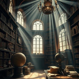 A dramatic and scholarly depiction of a grand library filled with ancient books and intricate wooden shelves