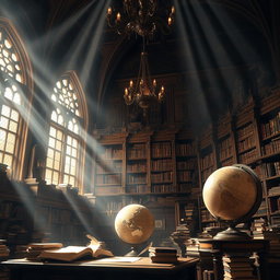 A dramatic and scholarly depiction of a grand library filled with ancient books and intricate wooden shelves