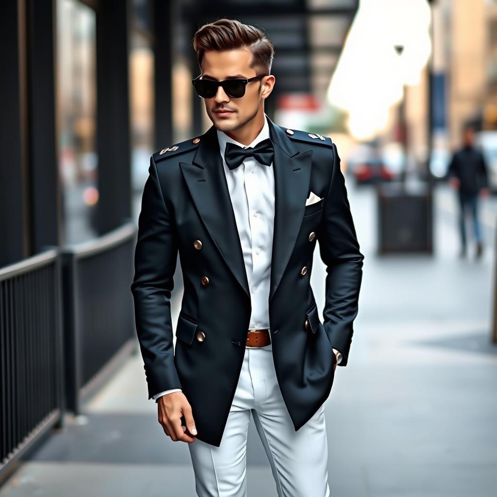 A stylish man wearing a black double-breasted suit contrasted with white pants, featuring epaulets on the shoulders for a touch of military-inspired fashion