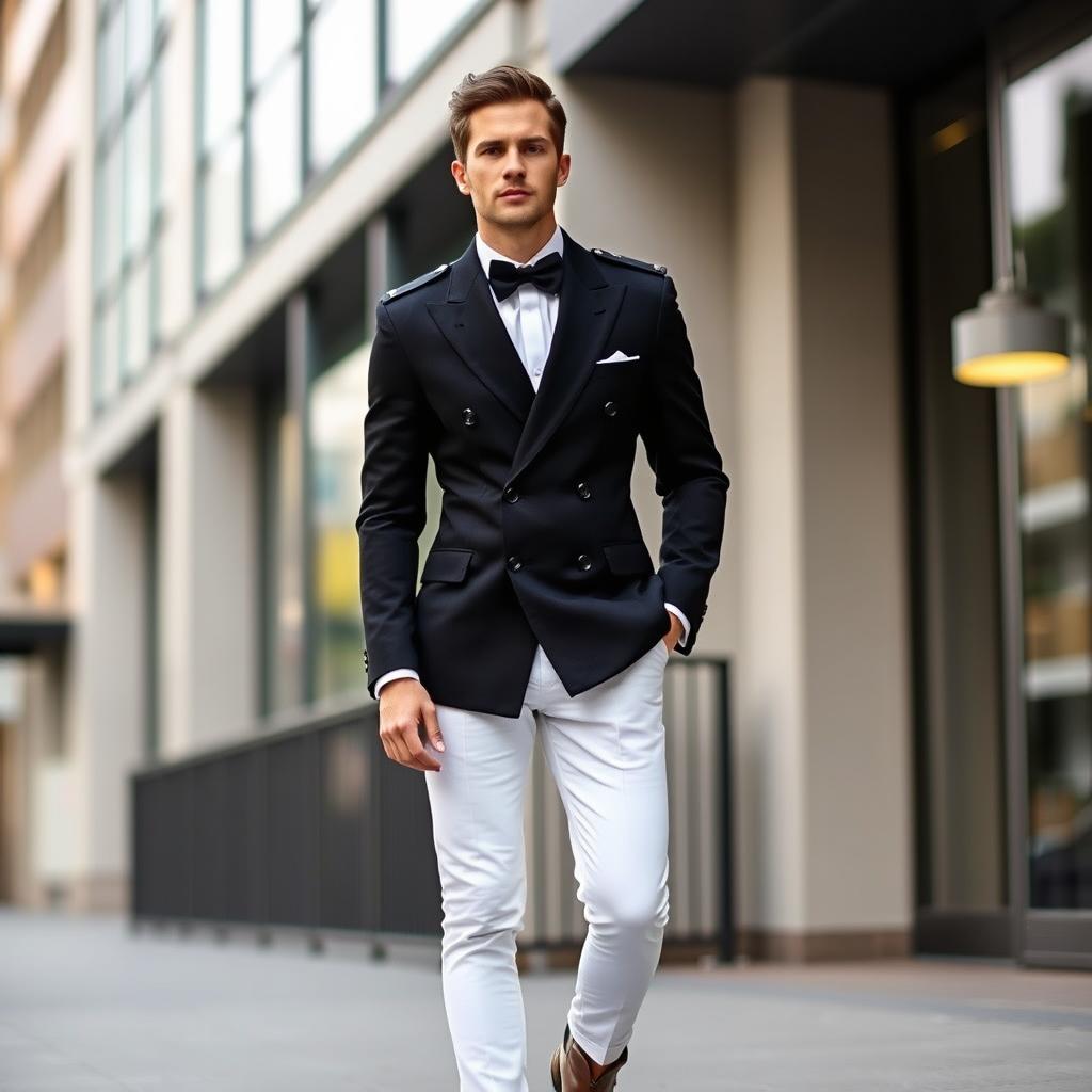 A stylish man dressed in a black double-breasted suit paired with crisp white pants, featuring epaulets on the shoulders that add a distinctive flair