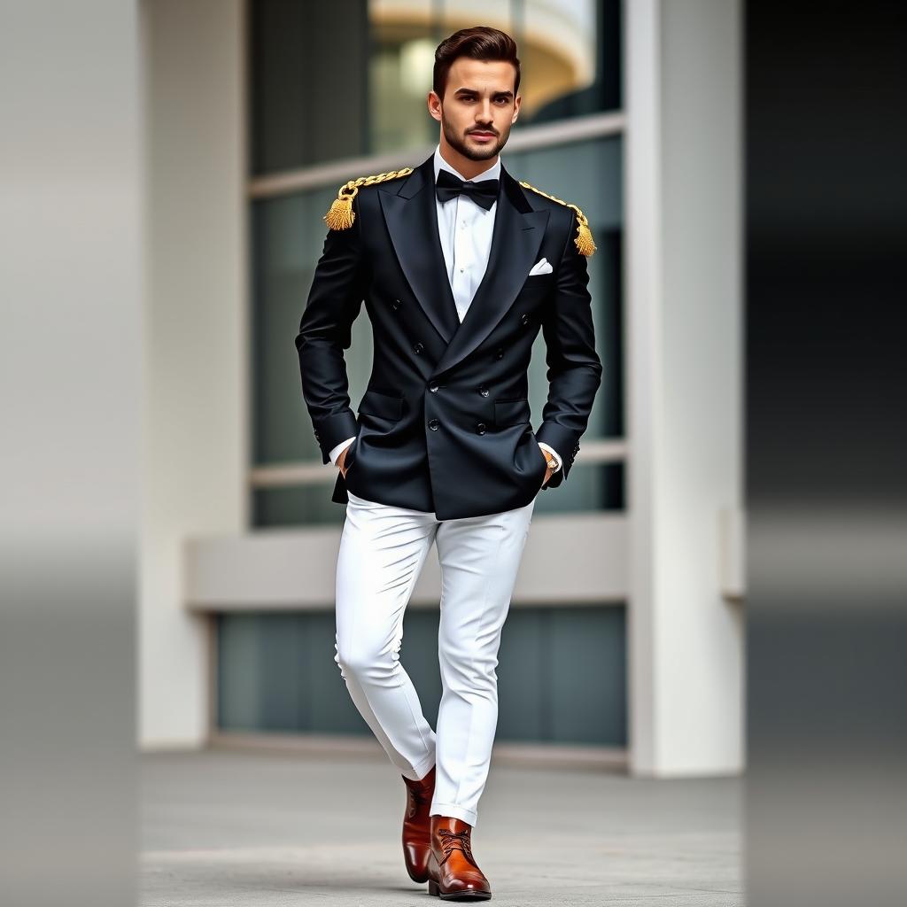 A dapper man sporting a black double-breasted suit and white pants, adorned with a striking gold epaulet chain on his shoulder that adds a bold and luxurious touch