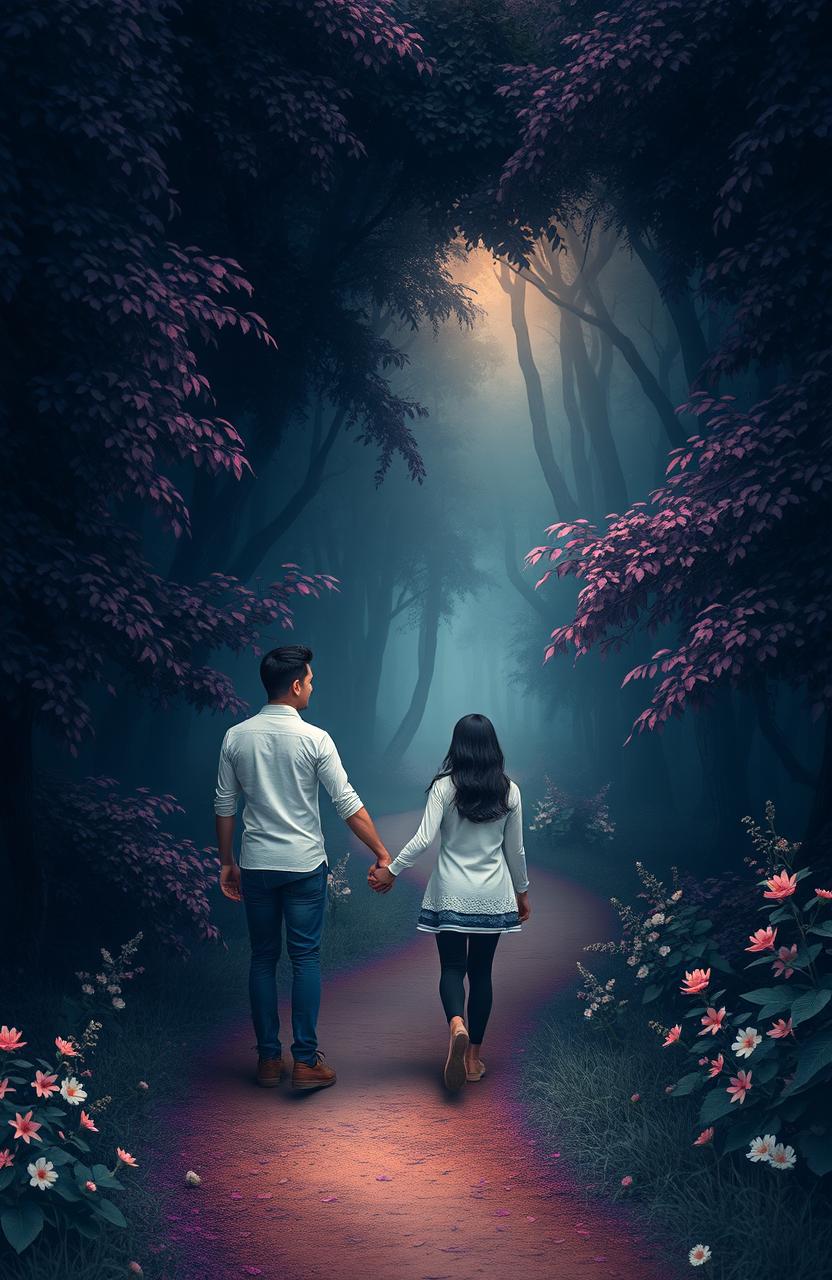 A romantic scene featuring a couple walking hand in hand along an unseen, winding path through a mystical forest