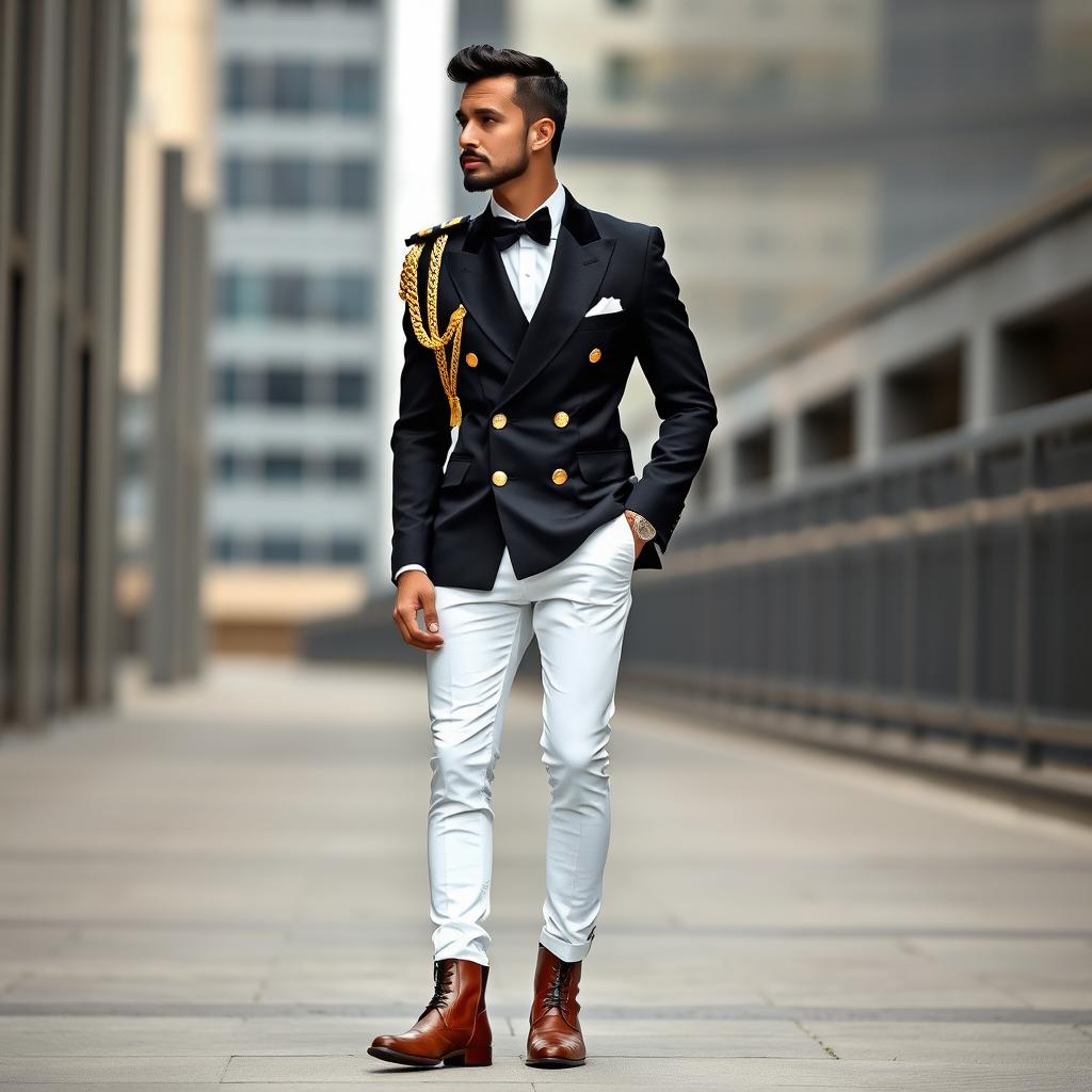 A dapper man dressed in a black double-breasted suit embellished with gold buttons, paired with crisp white pants