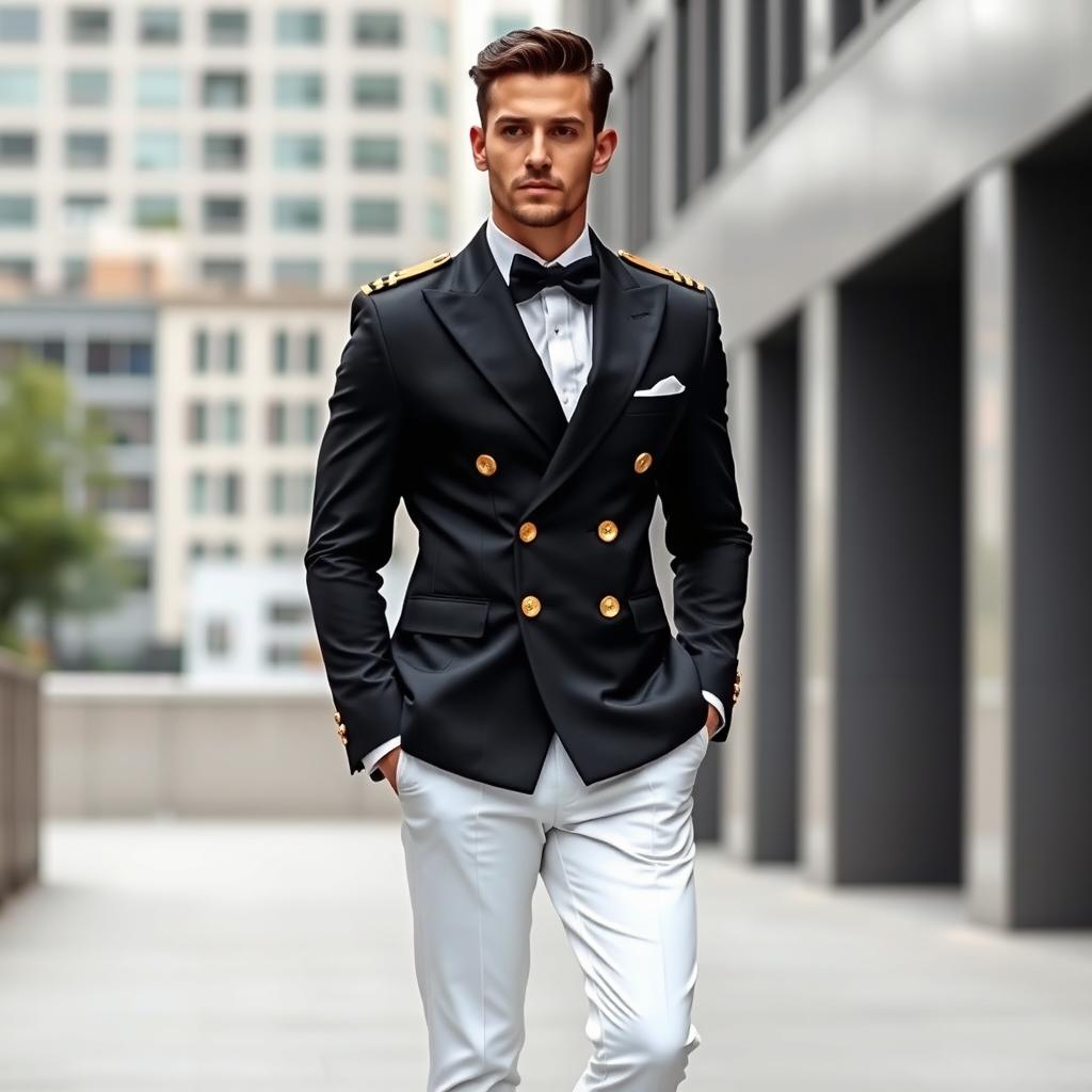 A fashionable man wearing a black double-breasted suit adorned with elegant gold buttons, paired with white pants that add a striking contrast