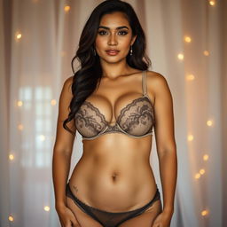 A beautiful 28-year-old Indonesian woman stands confidently, displaying her sturdy and sexy body characterized by plump breasts and alluring curves