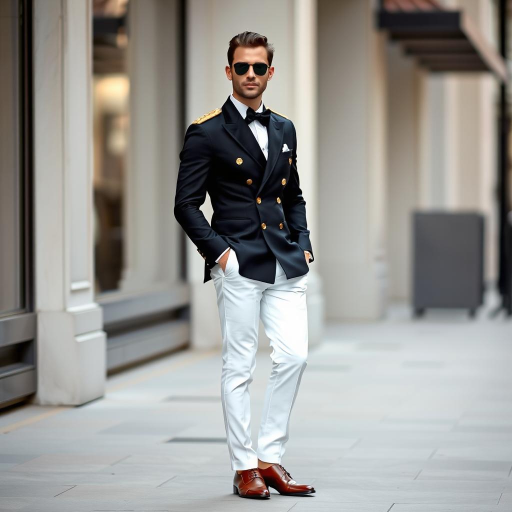 A stylish man dressed in a black double-breasted suit featuring elegant gold buttons, complemented by crisp white pants