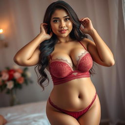 A beautiful 28-year-old Indonesian woman stands confidently, presenting her sturdy and sexy physique with plump breasts and a curvy figure
