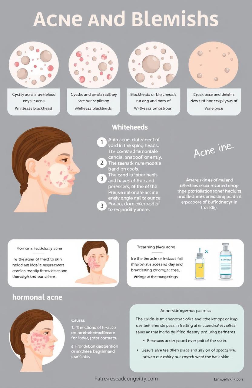 A detailed and informative illustrated guide on acne and blemishes, depicting various types of acne such as cystic acne, whiteheads, blackheads, and hormonal acne
