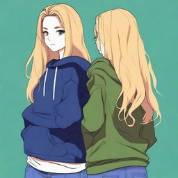 This is a vivid digital art image featuring two striking teenage girls standing back to back, their fingers intimately interlaced