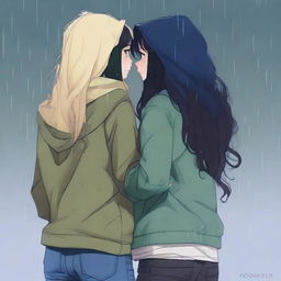 This is a high-quality digital art image that captures two teenage girls standing back to back in the rain, their fingers interlaced