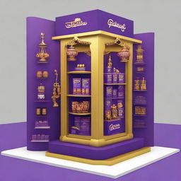 Design a Cadbury display stand inspired by Ramadan with dimensions 240x160x150 cm. Incorporate Islamic shapes, glass materials, soft lighting, and shelves adorned with Ramadan lanterns, creating a captivating haven for chocolate enthusiasts.