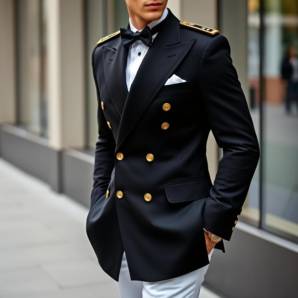 A stylish man wearing a black double-breasted suit featuring elegant gold buttons and paired with sharp white pants