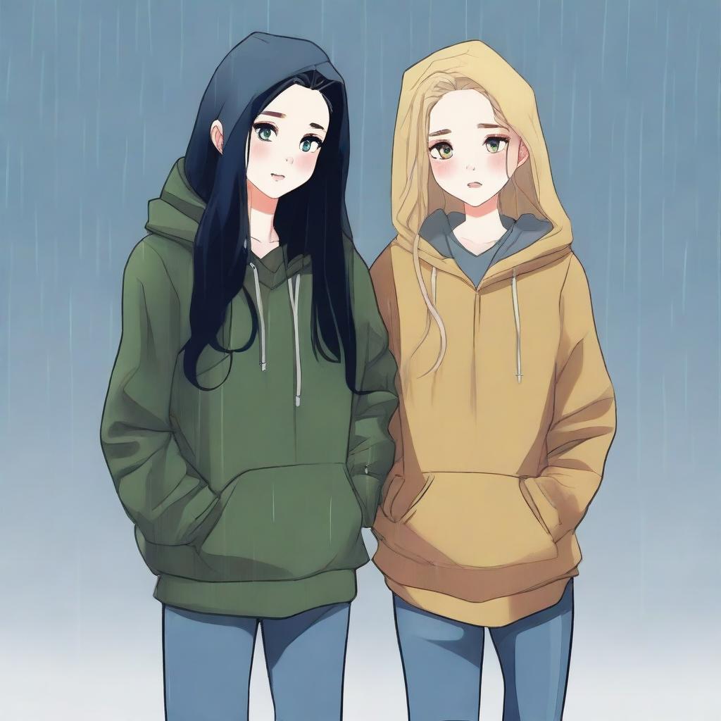 This is a high-quality digital art image that captures two teenage girls standing back to back in the rain, their fingers interlaced