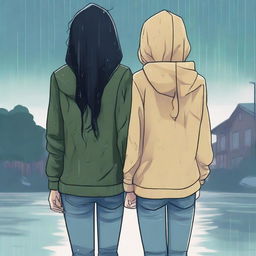 This is a high-quality digital art image that captures two teenage girls standing back to back in the rain, their fingers interlaced