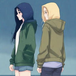 This is a high-quality digital art image that captures two teenage girls standing back to back in the rain, their fingers interlaced