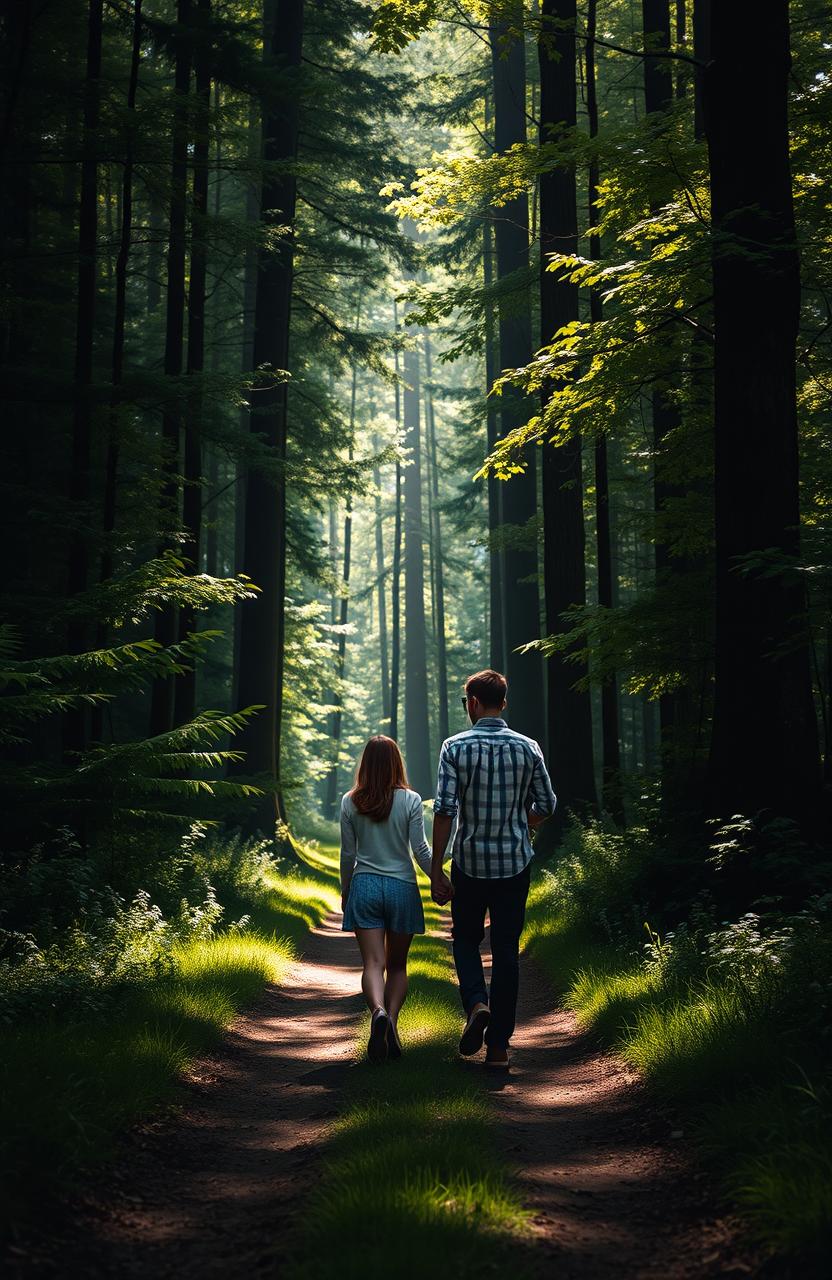 A romantic scene depicting a couple walking hand in hand along a mysterious forest path that fades into the dense woods