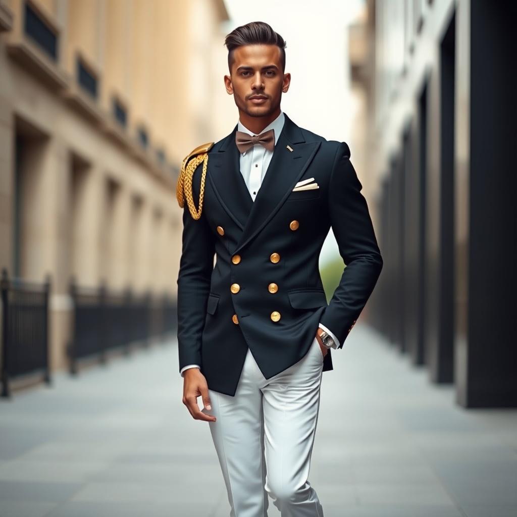 A dapper man in a black double-breasted suit featuring exquisite gold buttons, paired with crisp white pants