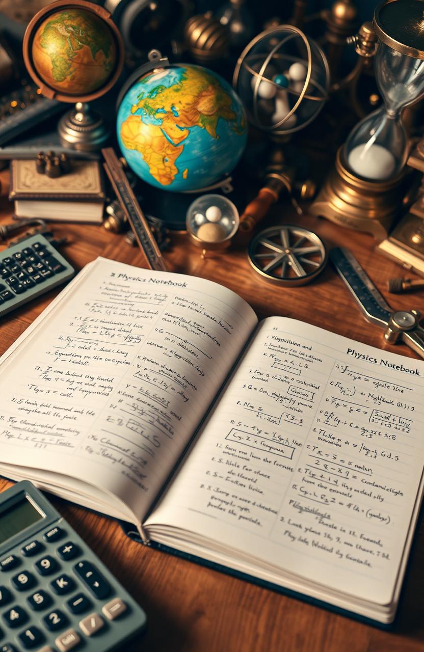 A physics notebook sprawled open on a wooden desk, surrounded by an array of physics instruments such as a scientific calculator, a protractor, and a compass