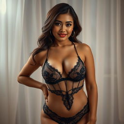 A beautiful 28-year-old Indonesian woman stands elegantly, showcasing her sturdy and sexy figure with plump breasts and a curvy silhouette
