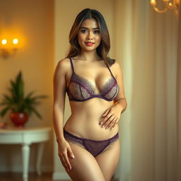 A beautiful 28-year-old Indonesian woman stands elegantly, showcasing her sturdy and sexy figure with plump breasts and a curvy silhouette