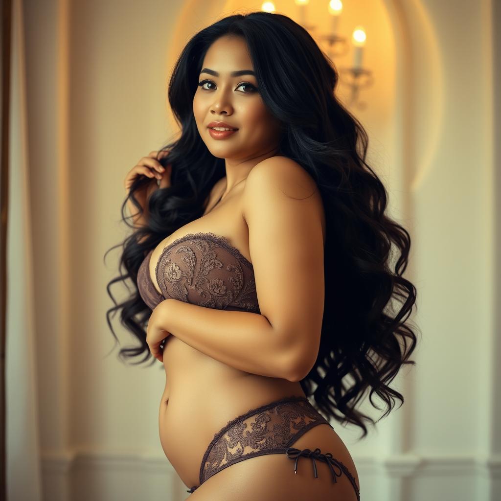 A beautiful 28-year-old Indonesian woman stands elegantly, showcasing her sturdy and sexy figure with plump breasts and a curvy silhouette
