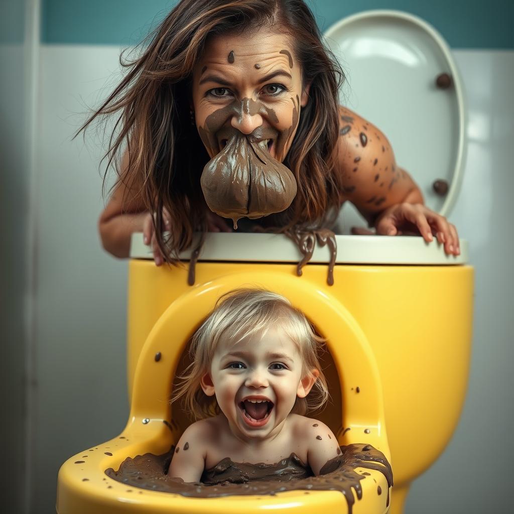 A surreal and humorous scene featuring a mature woman playfully covered in mud, positioned above a bright, cartoonish toilet, with a piece of mud shaped like poop humorously in her mouth