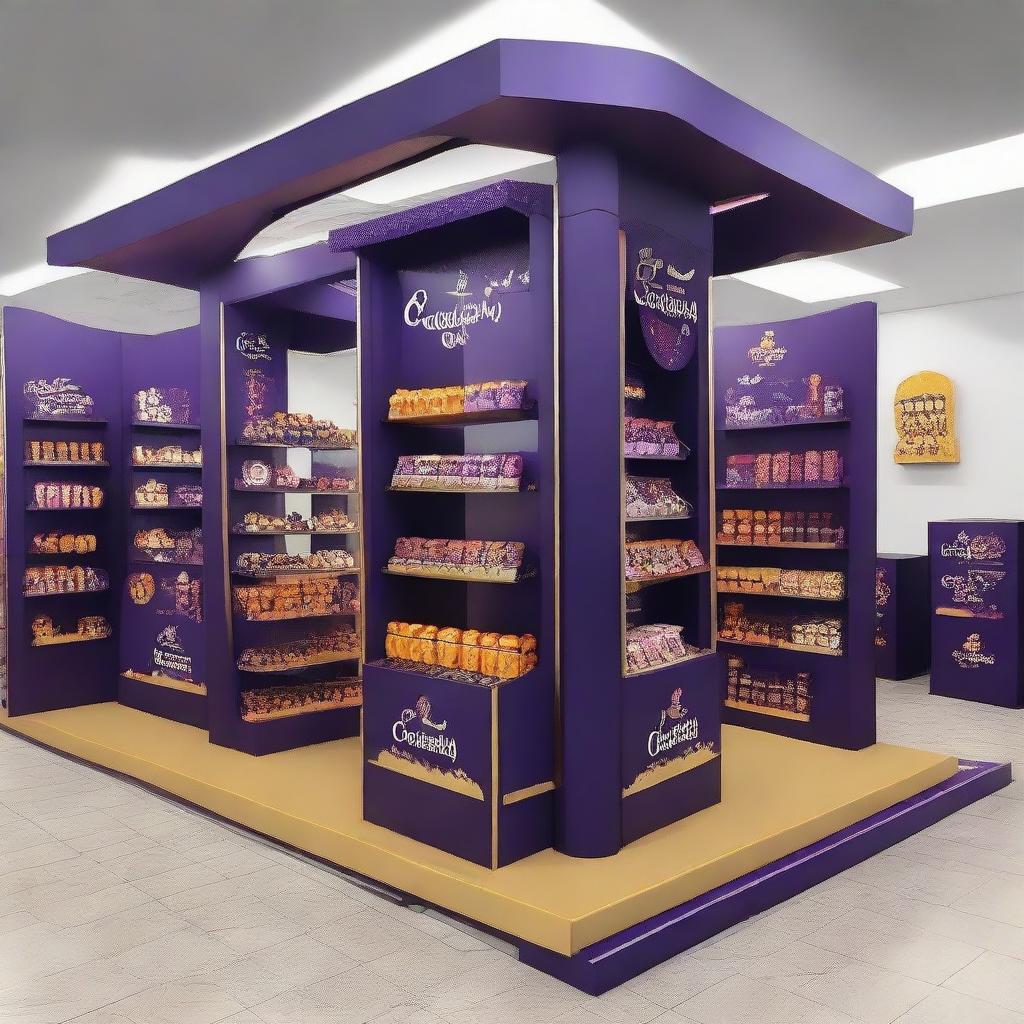 Design a Cadbury display stand inspired by Ramadan with dimensions 240x160x150 cm. Incorporate Islamic shapes, glass materials, soft lighting, and shelves adorned with Ramadan lanterns, creating a captivating haven for chocolate enthusiasts.